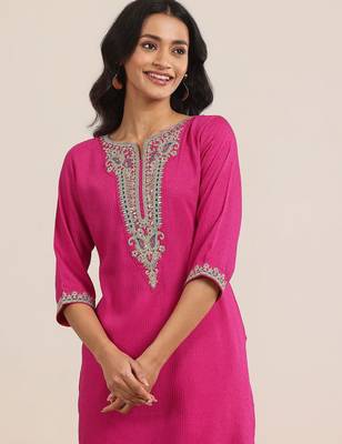 pink ethnic motifs yoke design notch-neck straight kurta with trousers & dupatta 6