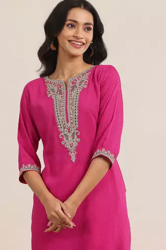 pink ethnic motifs yoke design notch-neck straight kurta with trousers & dupatta