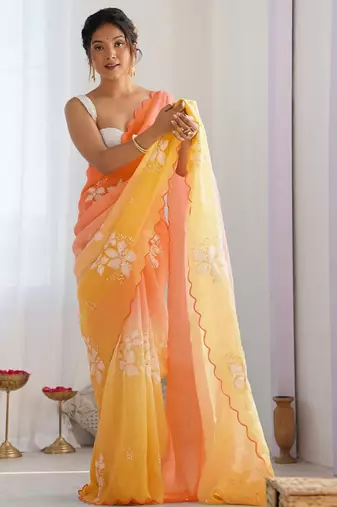 Peach peach embellished  chiffon sarees