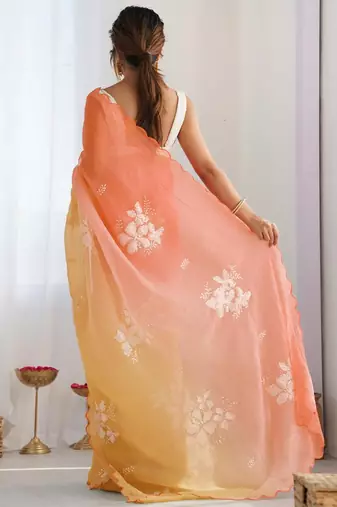 Peach peach embellished  chiffon sarees