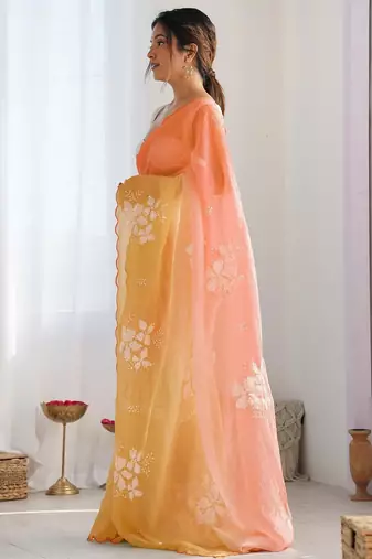 Peach peach embellished  chiffon sarees