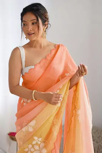 Peach peach embellished  chiffon sarees