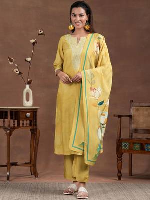 floral yoke design thread work notch neck straight kurta with trousers & dupatta 1
