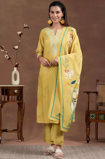 floral yoke design thread work notch neck straight kurta with trousers & dupatta