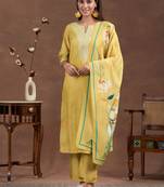floral yoke design thread work notch neck straight kurta with trousers & dupatta