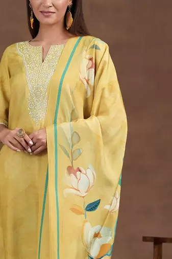 floral yoke design thread work notch neck straight kurta with trousers & dupatta