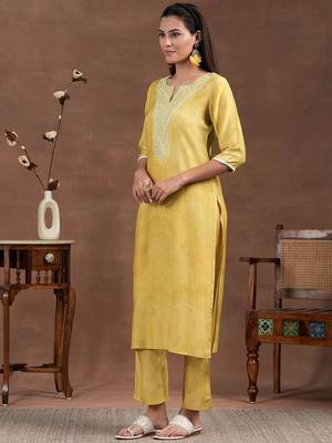 floral yoke design thread work notch neck straight kurta with trousers & dupatta 4