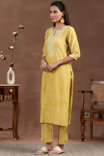 floral yoke design thread work notch neck straight kurta with trousers & dupatta