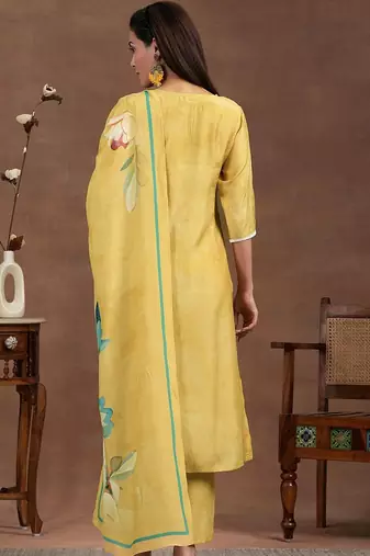 floral yoke design thread work notch neck straight kurta with trousers & dupatta