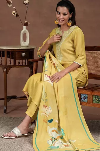 floral yoke design thread work notch neck straight kurta with trousers & dupatta