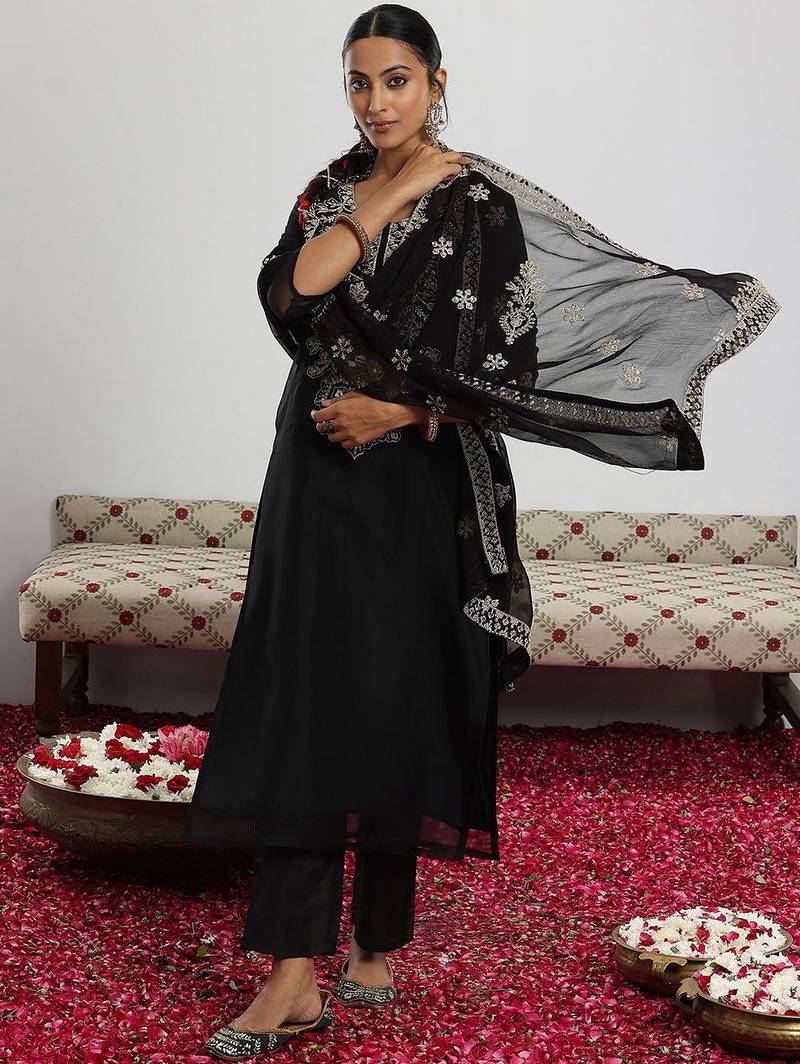 black floral yoke design sequinned kurta with trouser & dupatta