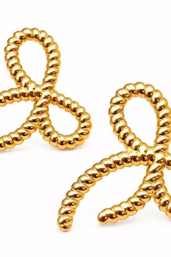 Gold bow stud earrings, twisted rope design, anti-tarnish