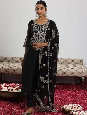black floral yoke design sequinned kurta with trouser & dupatta 2