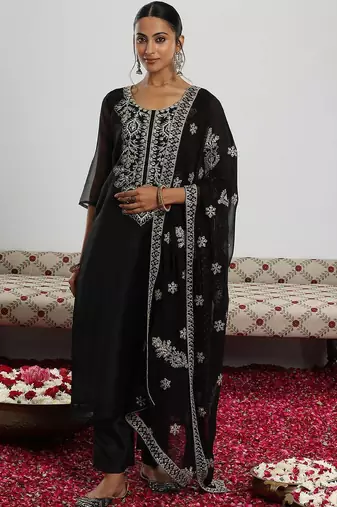 black floral yoke design sequinned kurta with trouser & dupatta