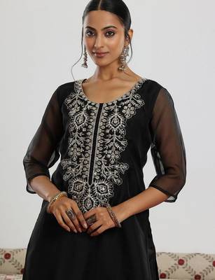 black floral yoke design sequinned kurta with trouser & dupatta 3