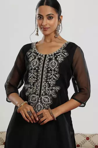 black floral yoke design sequinned kurta with trouser & dupatta