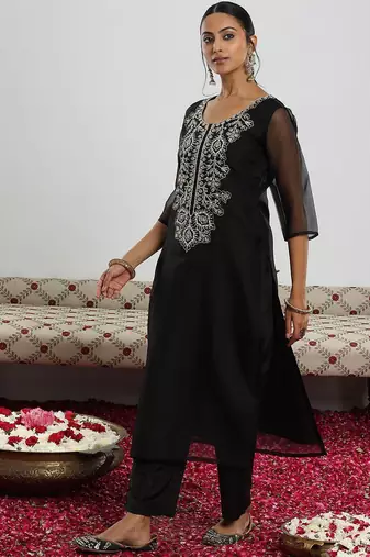 black floral yoke design sequinned kurta with trouser & dupatta