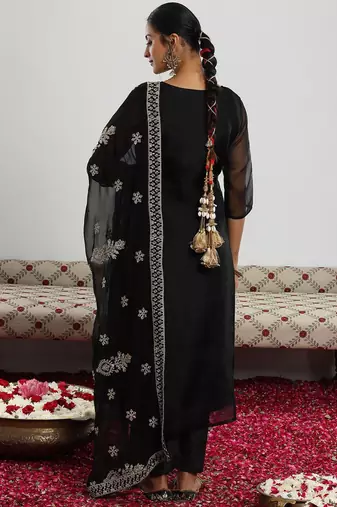 black floral yoke design sequinned kurta with trouser & dupatta