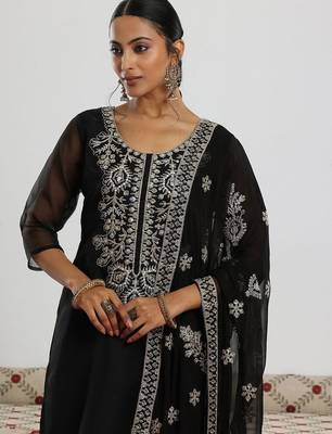 black floral yoke design sequinned kurta with trouser & dupatta 6