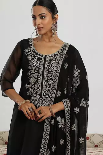 black floral yoke design sequinned kurta with trouser & dupatta