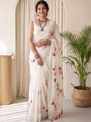 Off white floral poly chiffon designer saree 1
