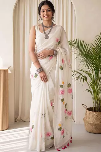 Off white floral poly chiffon designer saree