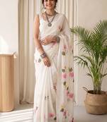 Off white floral poly chiffon designer saree