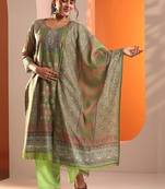 women ethnic motifs printed regular thread work kurta with trousers & with dupatta