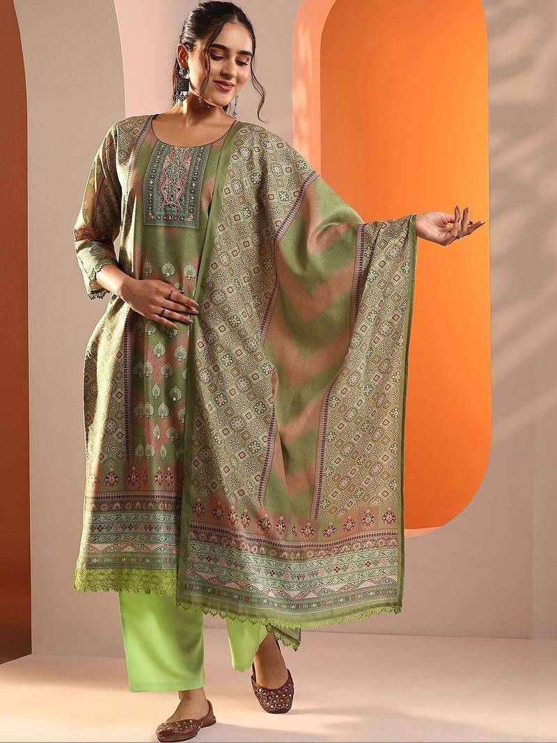 women ethnic motifs printed regular thread work kurta with trousers & with dupatta