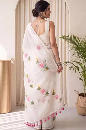 Off white floral poly chiffon designer saree