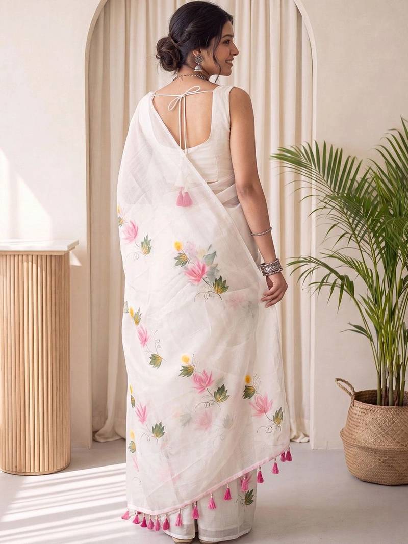 Off white floral poly chiffon designer saree