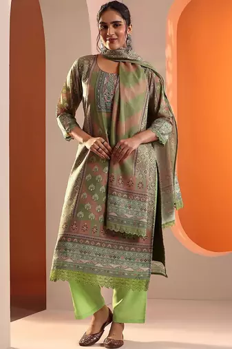 women ethnic motifs printed regular thread work kurta with trousers & with dupatta