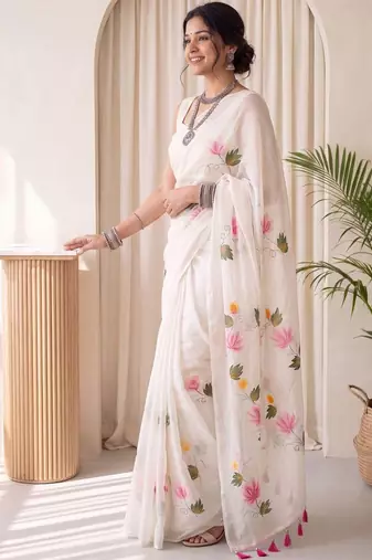 Off white floral poly chiffon designer saree
