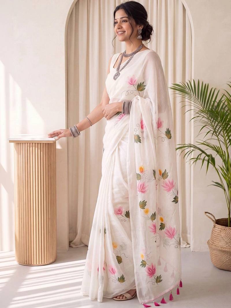 Off white floral poly chiffon designer saree