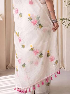 Off white floral poly chiffon designer saree 5