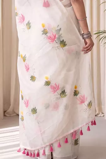 Off white floral poly chiffon designer saree