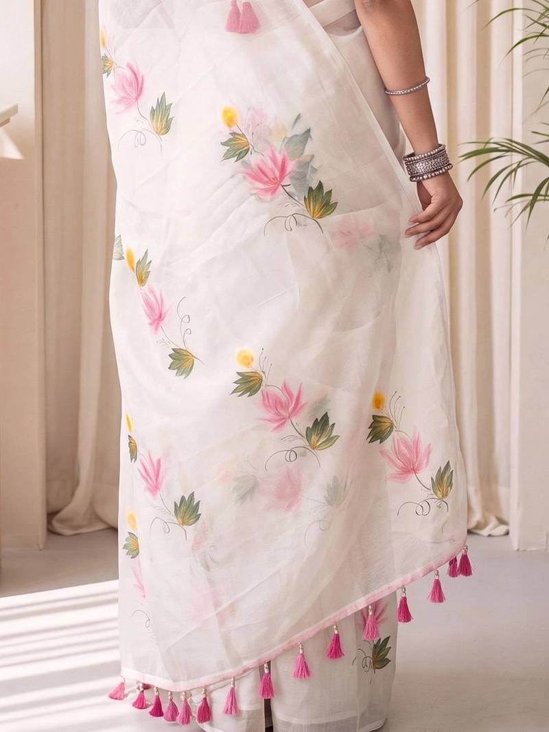 Off white floral poly chiffon designer saree