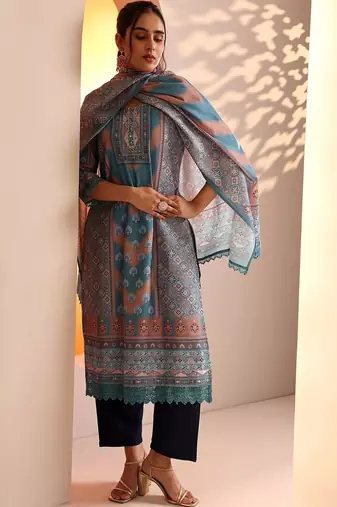 women ethnic motifs printed regular kurta with trousers & with dupatta