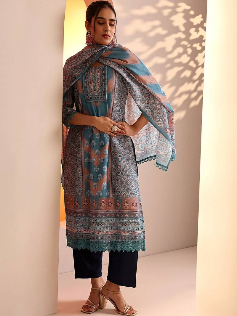 women ethnic motifs printed regular kurta with trousers & with dupatta