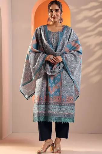 women ethnic motifs printed regular kurta with trousers & with dupatta