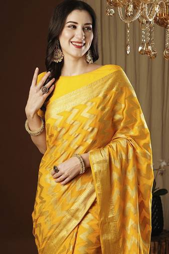 Yellow ethnic motif zari woven kanjeevaram saree