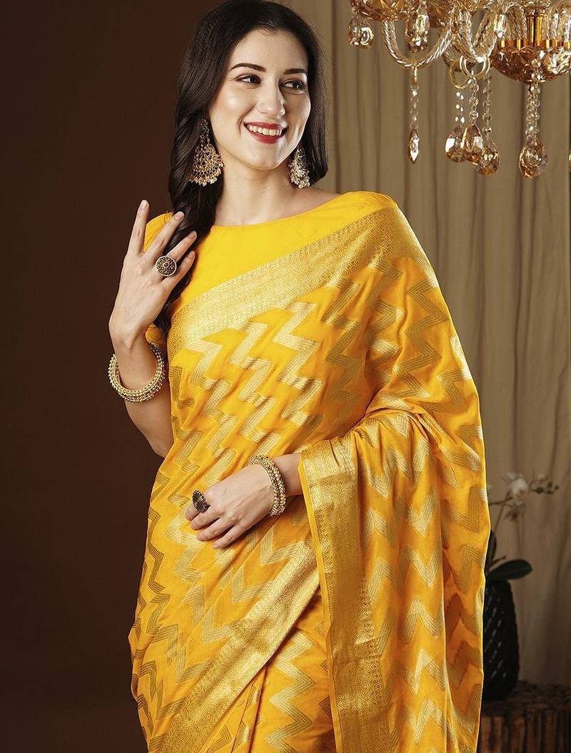 Yellow ethnic motif zari woven kanjeevaram saree