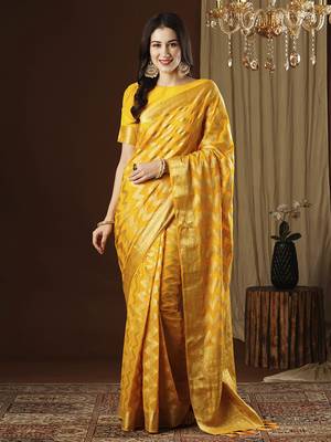 Yellow ethnic motif zari woven kanjeevaram saree 2