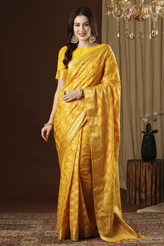 Yellow ethnic motif zari woven kanjeevaram saree