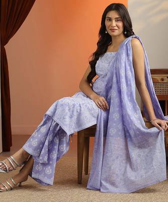 ethnic motifs printed straight kurta with trousers & dupatta 6
