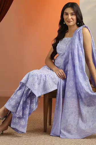 ethnic motifs printed straight kurta with trousers & dupatta