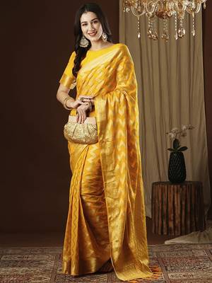 Yellow ethnic motif zari woven kanjeevaram saree 4
