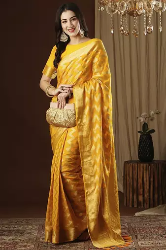 Yellow ethnic motif zari woven kanjeevaram saree