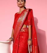 Red ethnic motifs zari banarasi saree