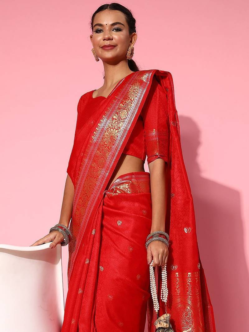 Red ethnic motifs zari banarasi saree